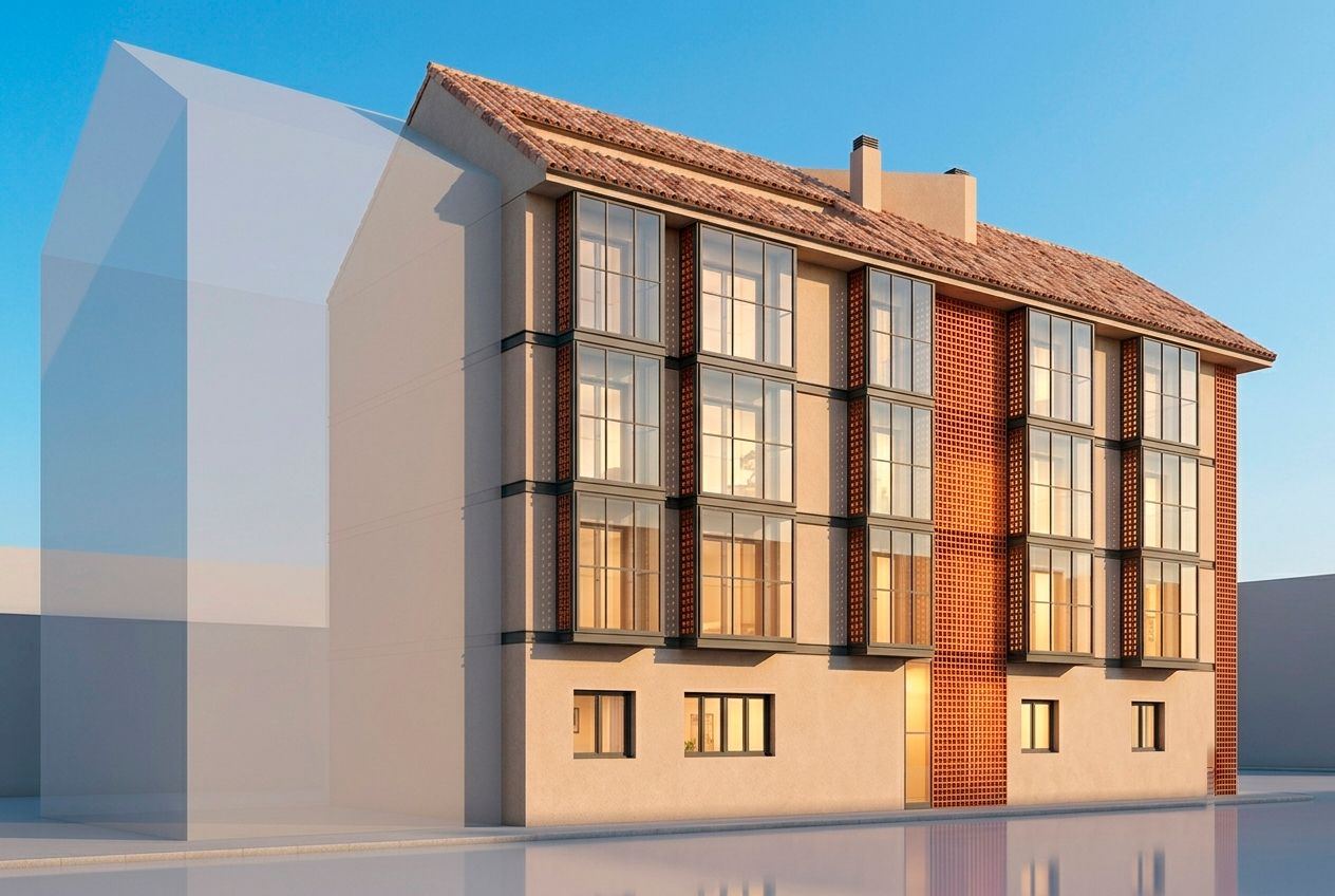 Render en escorzo de la fachada de ladrillo y vidrio